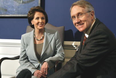 WASHINGTON - NOVEMBER 08:  US House of Representatives Democratic Leader Nancy Pelosi (D-CA) (L) and Senate Democratic Leader Harry Reid (D-NV) pose for photographs in Pelosi&#039;s office at the US Capitol November 8, 2006 in Washington, DC. Pelosi is poised to become the first female Speaker of the House after Democrats took control of the House in Midterm elections.  (Photo by Chip Somodevilla/Getty Images) *** Local Caption *** Nancy Pelosi;Harry Reid From Getty Images.