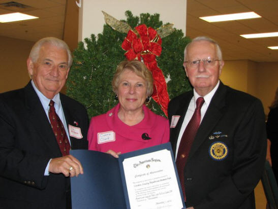Legionnaries, James McNeece (Lt) and Vic Vickery (Rt) present a certificate of appreciation to Loudon County Republican Womens Club, accepting is Connie Clark, President.